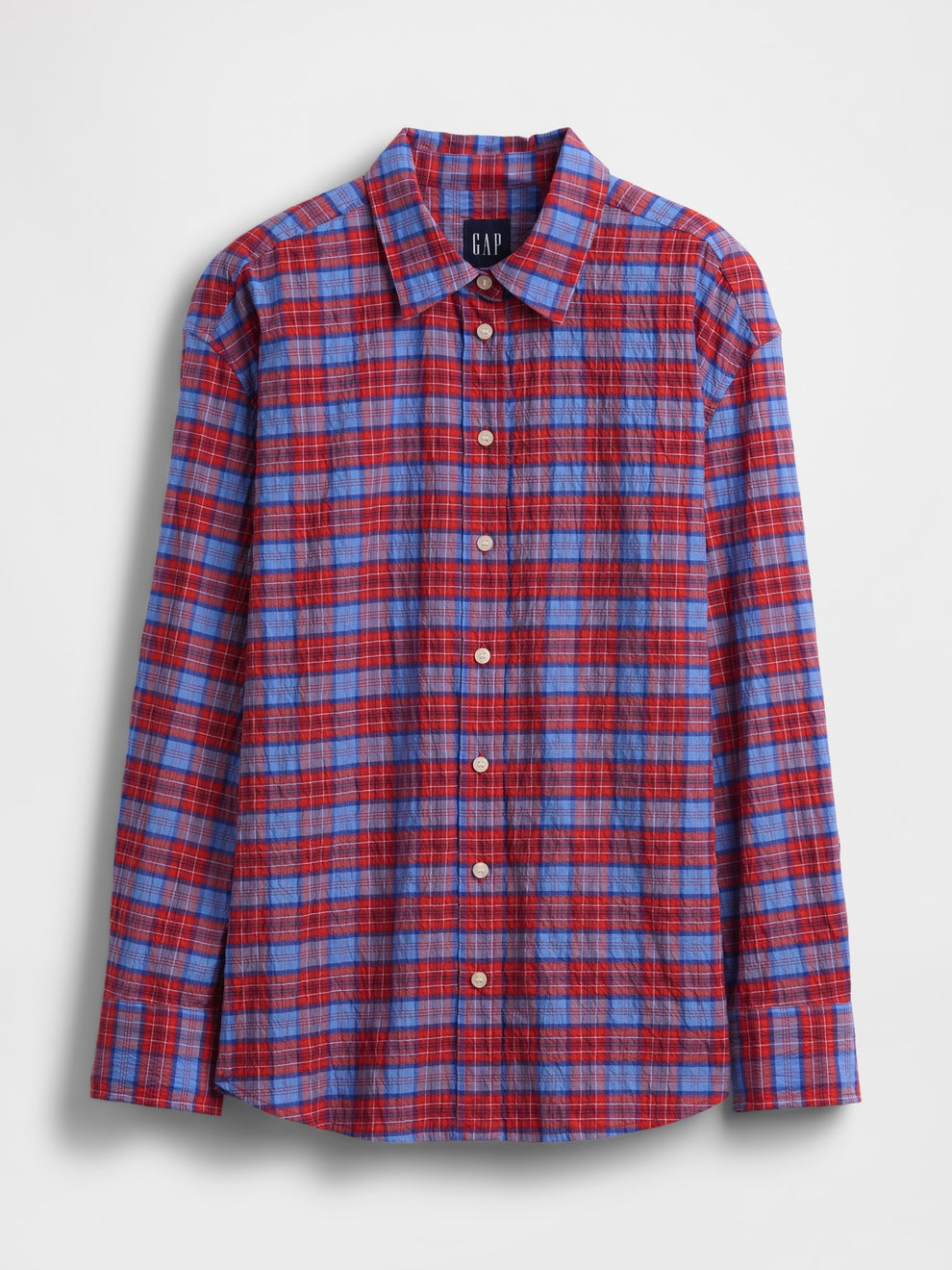 Seersucker Plaid Oversized Shirt - Red & navy blue gingham