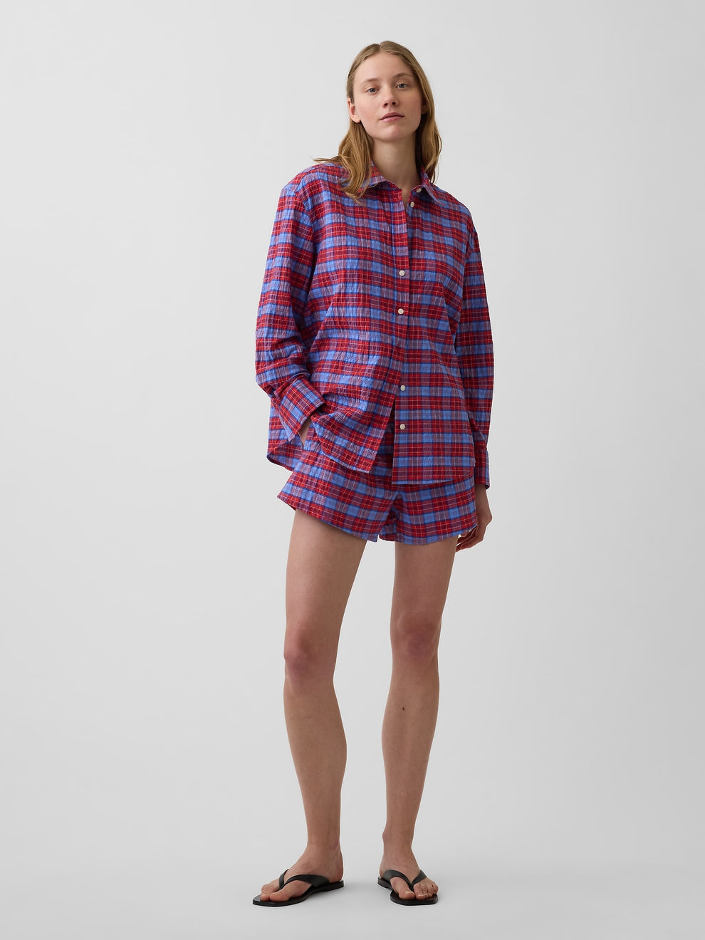 4" Seersucker Plaid Boxer Shorts - Red & navy blue gingham