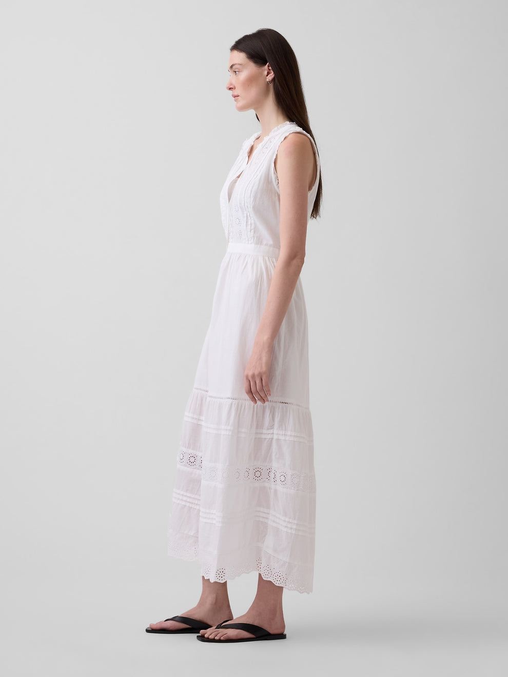 Lace-Trim Tiered Midi Shirtdress - Fresh white