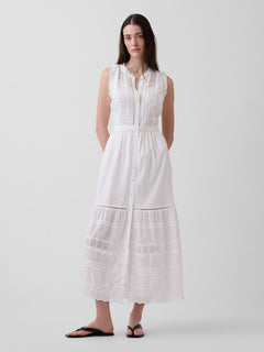 Lace-Trim Tiered Midi Shirtdress - Fresh white