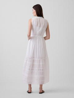 Lace-Trim Tiered Midi Shirtdress - Fresh white