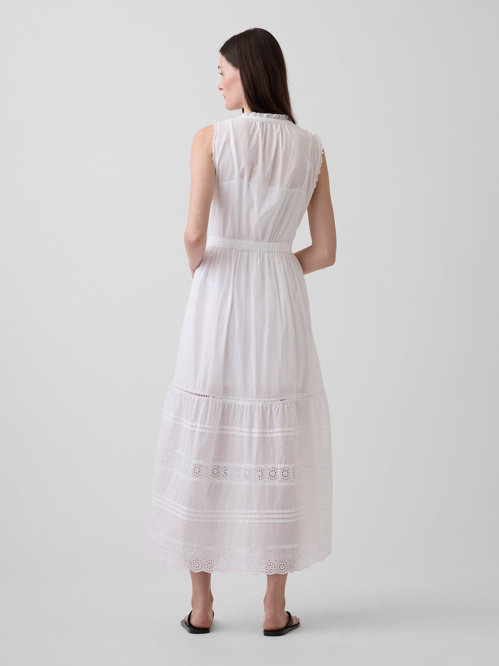 Lace-Trim Tiered Midi Shirtdress - Fresh white