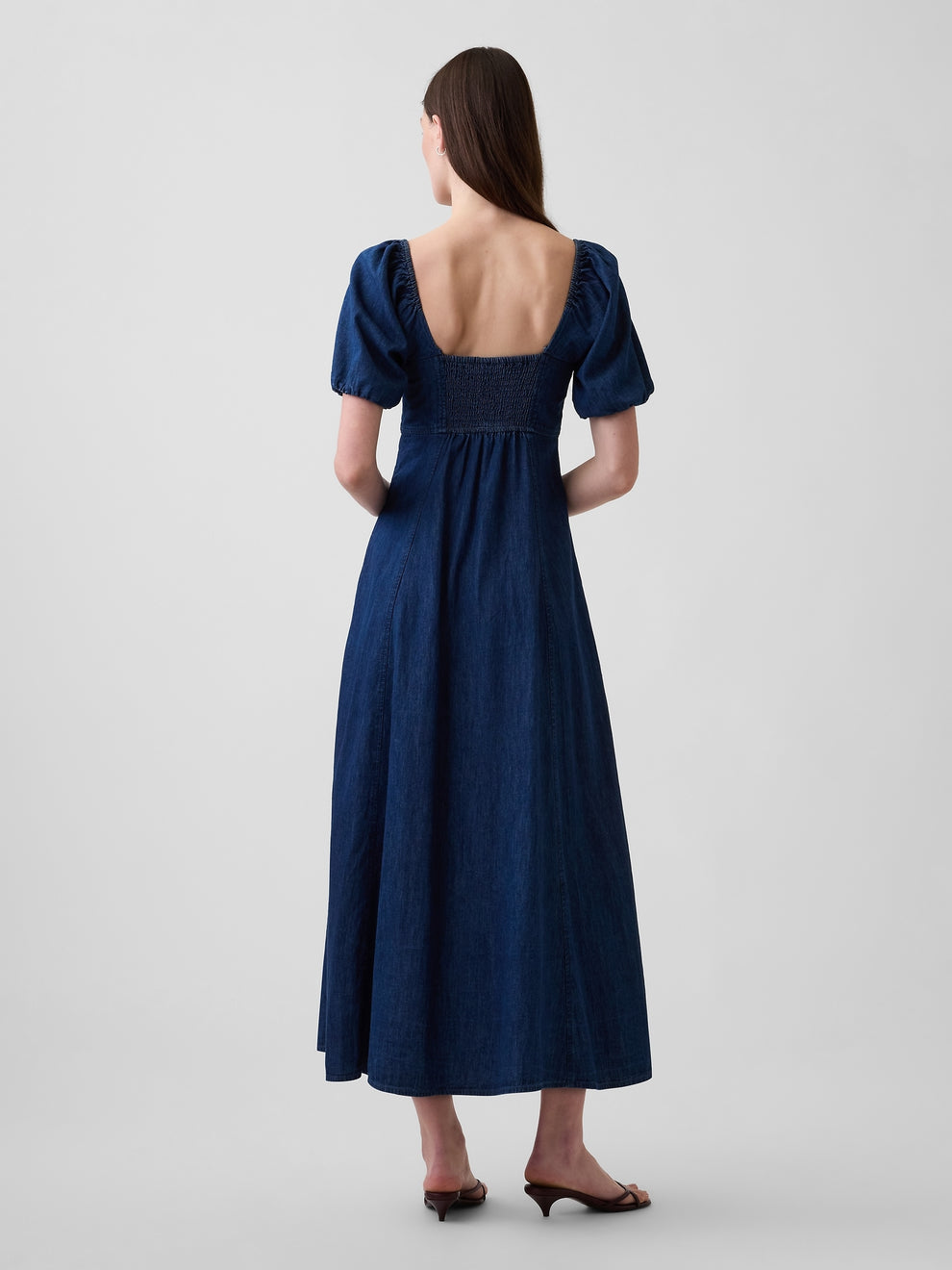 Denim Puff-Sleeve Button-Front Maxi Dress - Dark wash