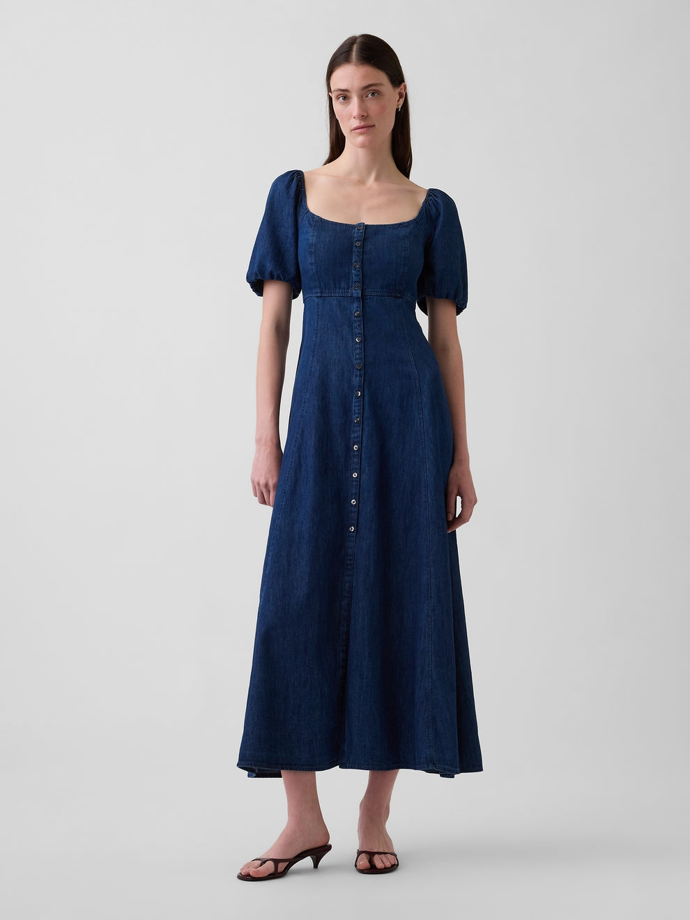 Denim Puff-Sleeve Button-Front Maxi Dress - Dark wash