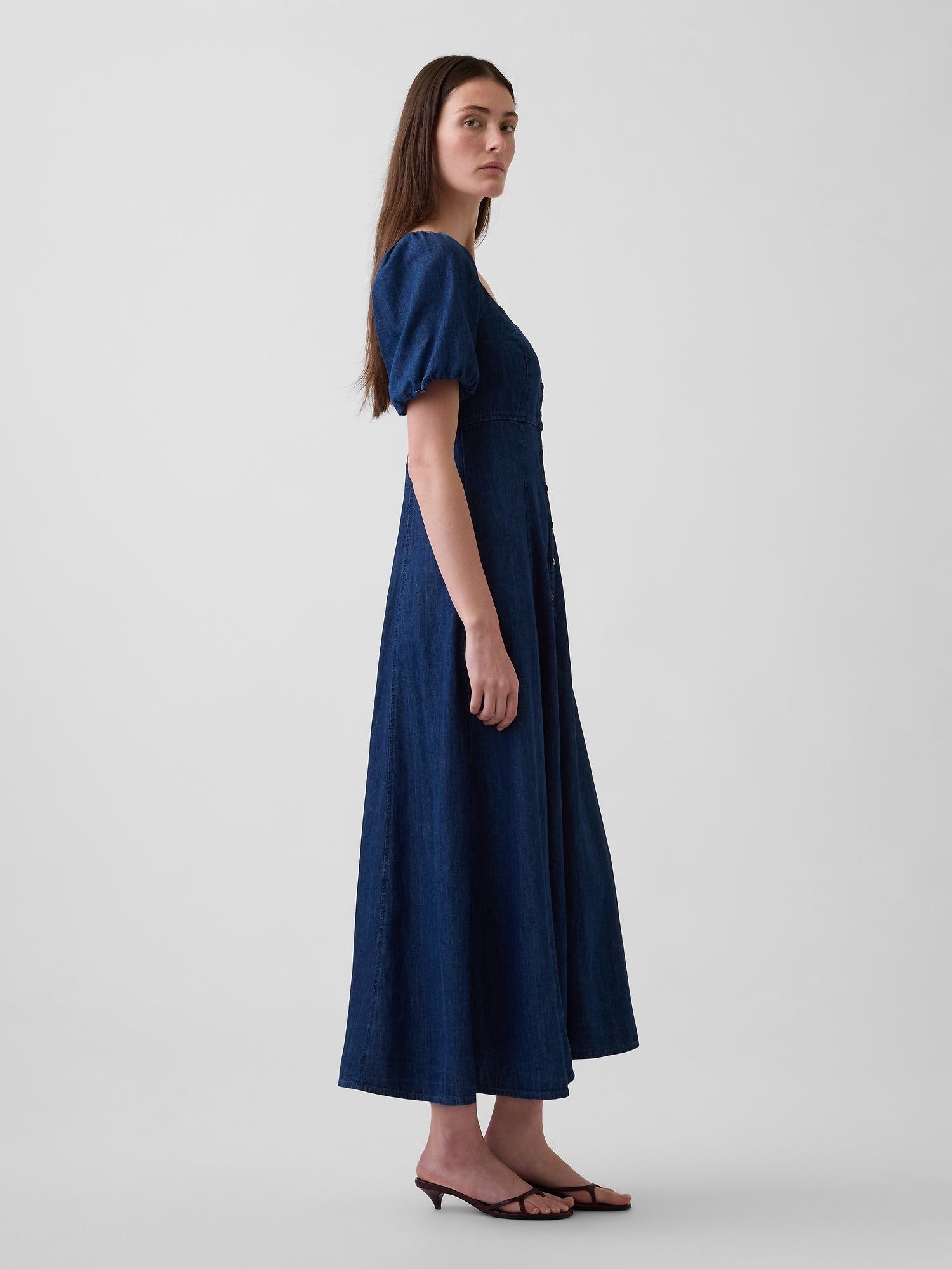 Denim Puff-Sleeve Button-Front Maxi Dress - Dark wash