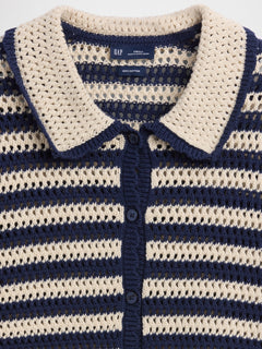 100% Cotton Crochet Relaxed Sweater Shirt - Navy blue stripe