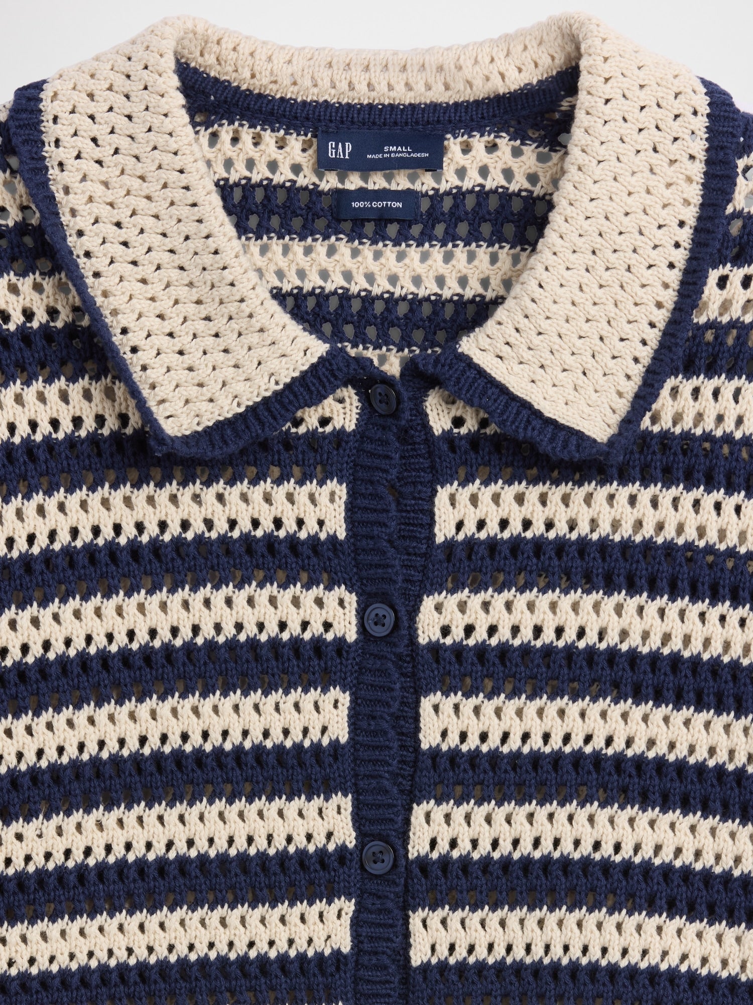 100% Cotton Crochet Relaxed Sweater Shirt - Navy blue stripe