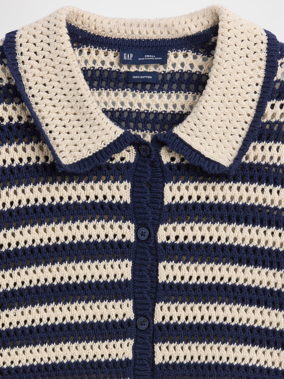 100% Cotton Crochet Relaxed Sweater Shirt - Navy blue stripe