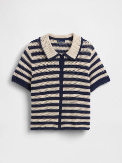 100% Cotton Crochet Relaxed Sweater Shirt - Navy blue stripe