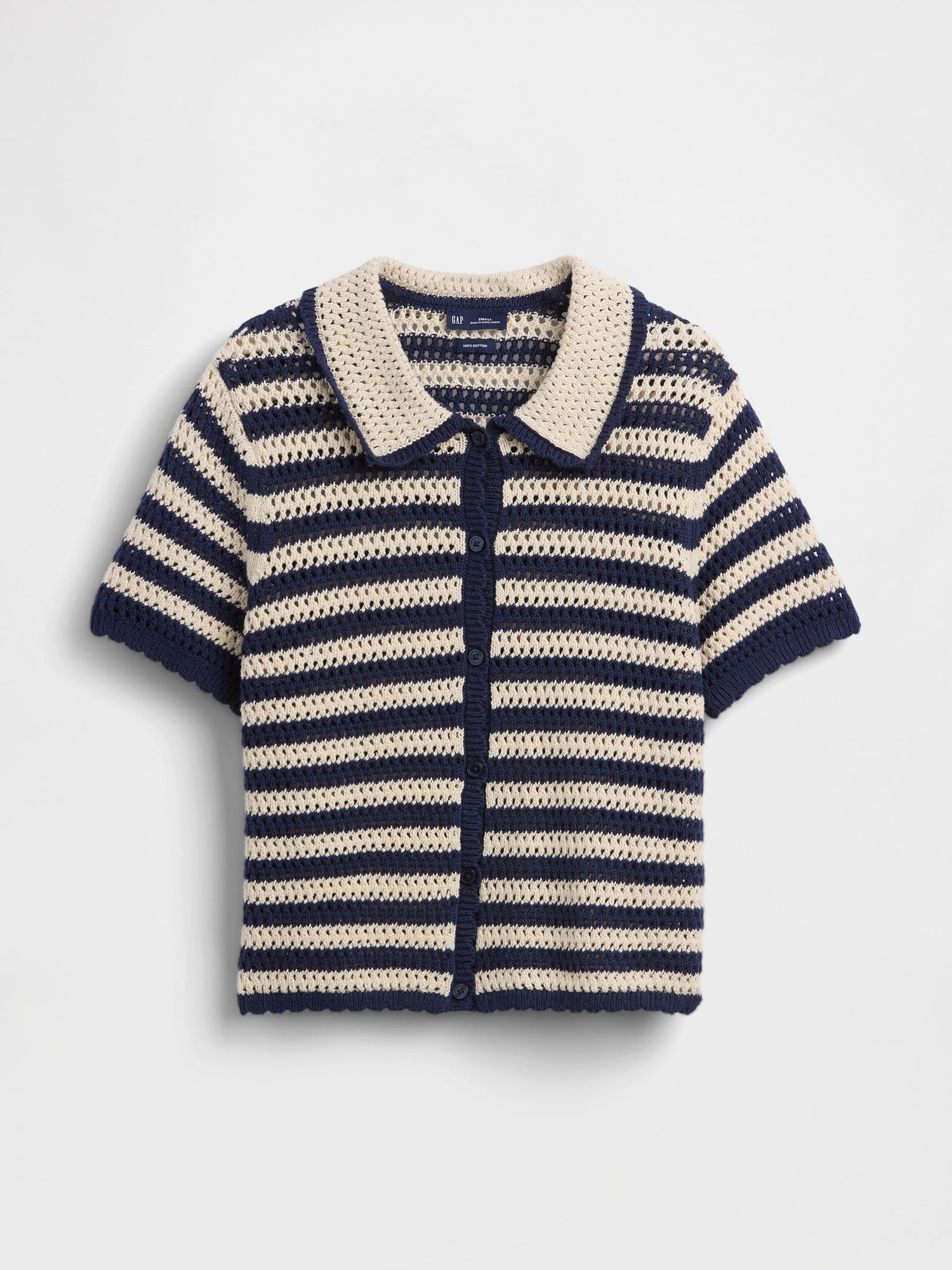 100% Cotton Crochet Relaxed Sweater Shirt - Navy blue stripe