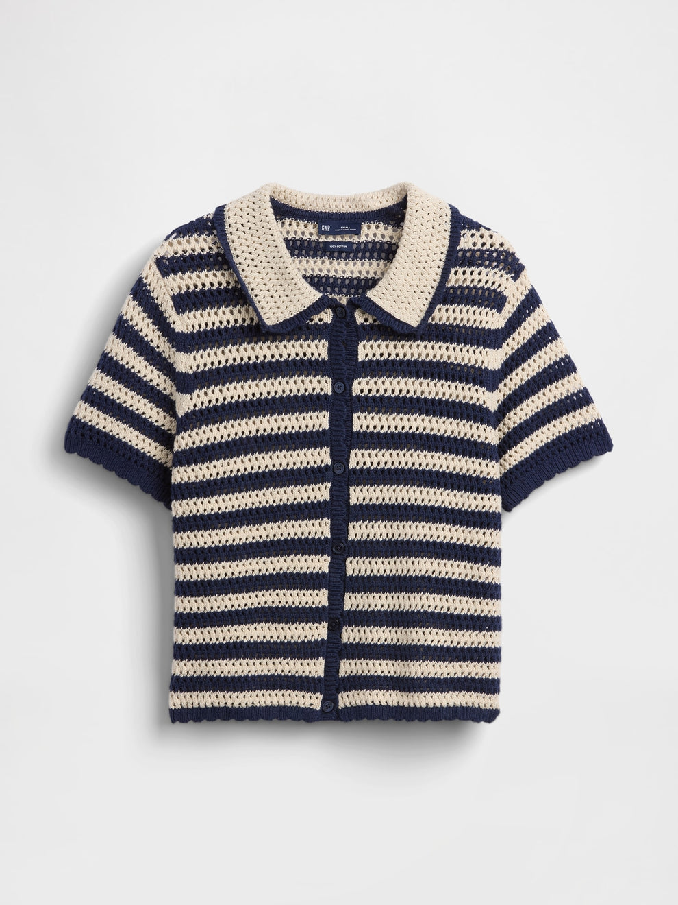 100% Cotton Crochet Relaxed Sweater Shirt - Navy blue stripe