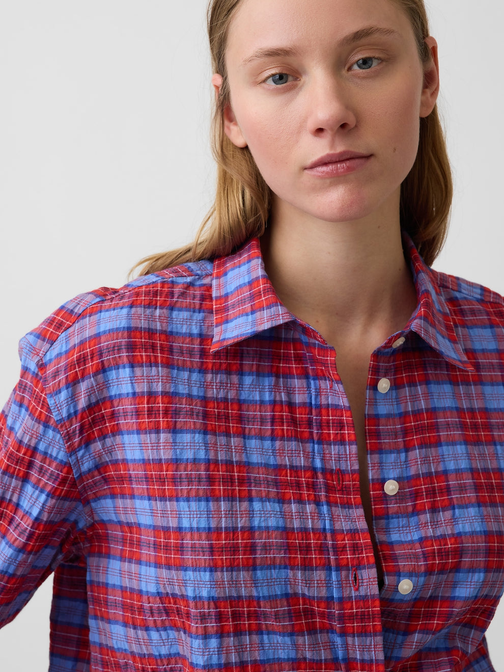 Seersucker Plaid Oversized Shirt - Red & navy blue gingham