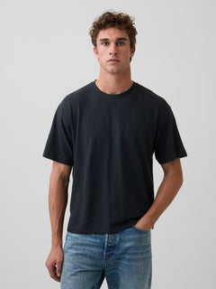 Linen-Cotton Oversized Crop T-Shirt - moonless night