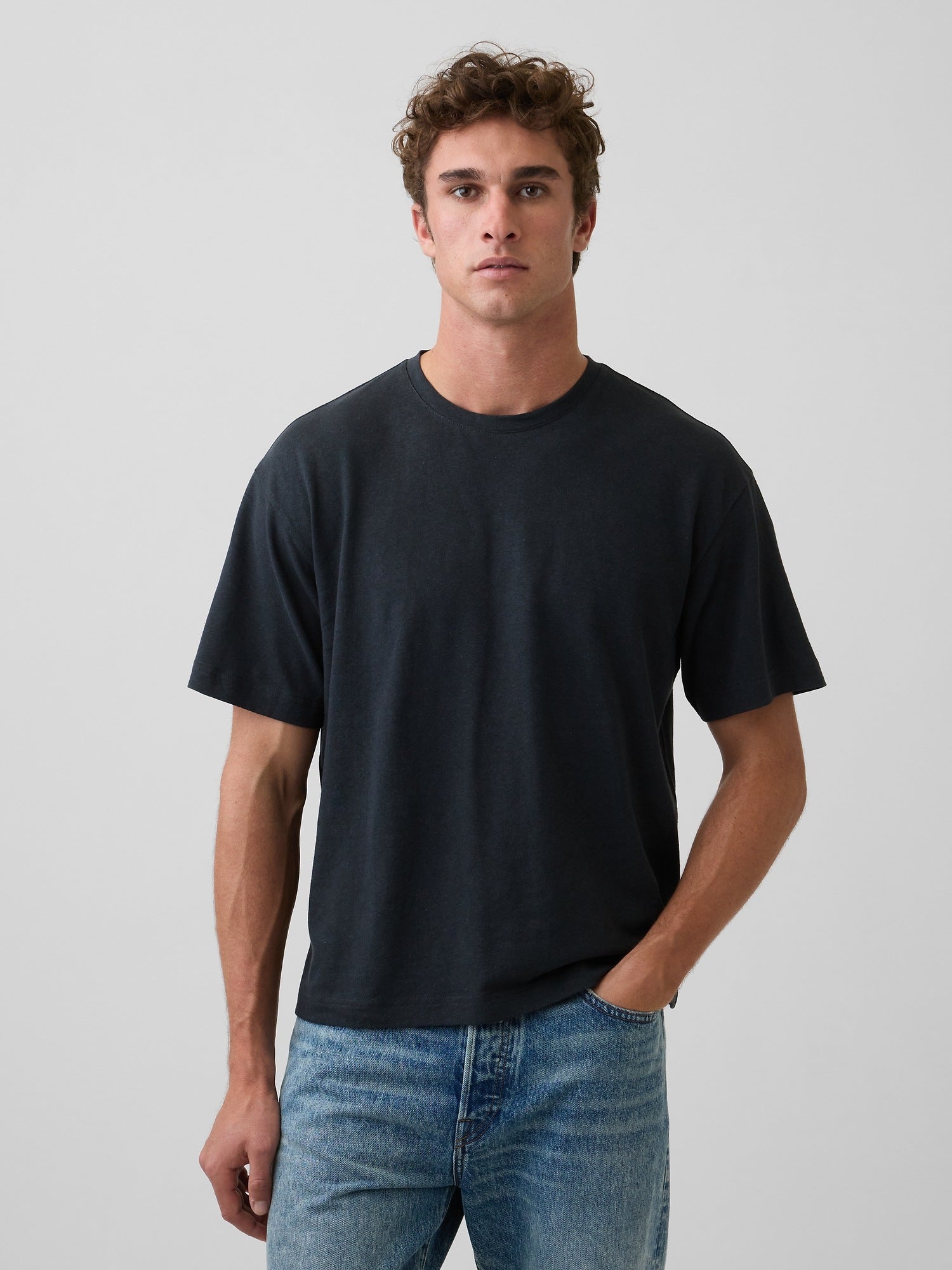 Linen-Cotton Oversized Crop T-Shirt - moonless night