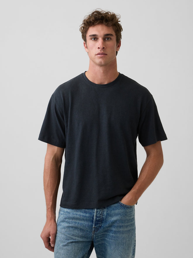 Linen-Cotton Oversized Crop T-Shirt - moonless night