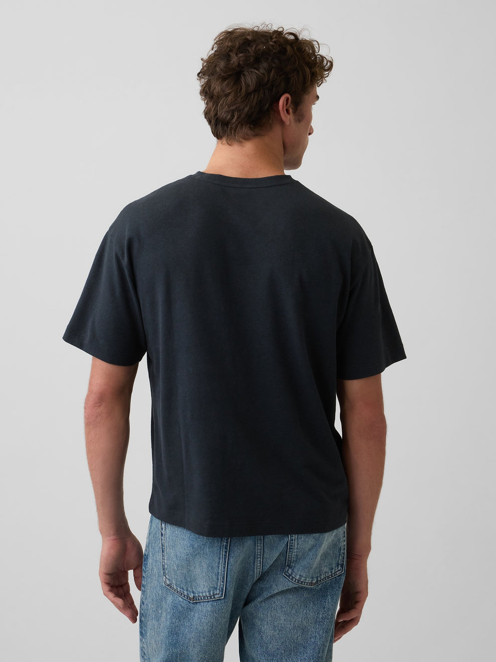 Linen-Cotton Oversized Crop T-Shirt - moonless night