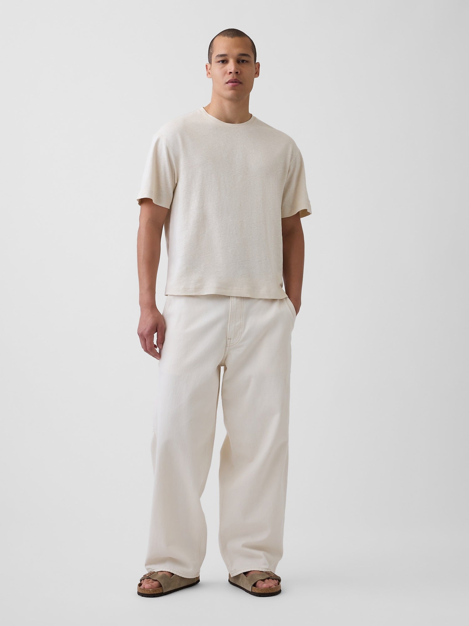 Linen-Cotton Oversized Crop T-Shirt - CHINO GREY 92027 039