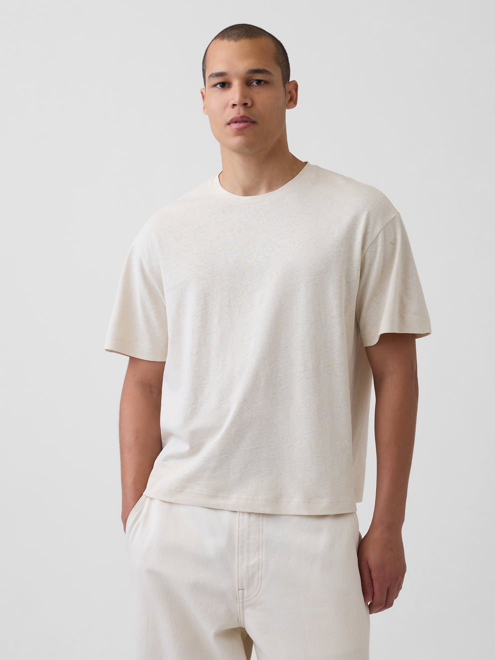 Linen-Cotton Oversized Crop T-Shirt - CHINO GREY 92027 039