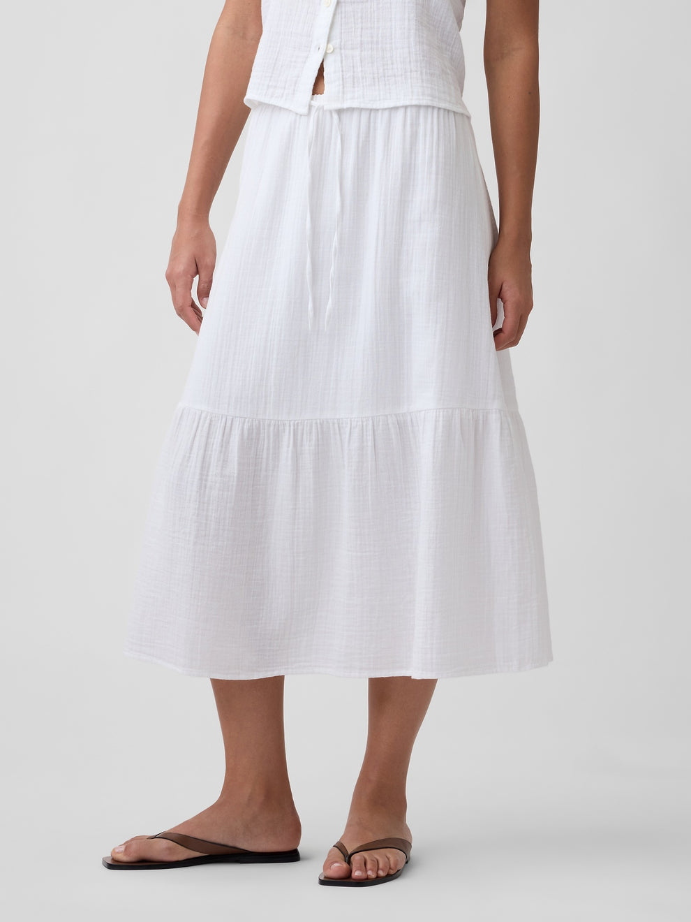Pull-On Gauze Midi Skirt - Fresh white
