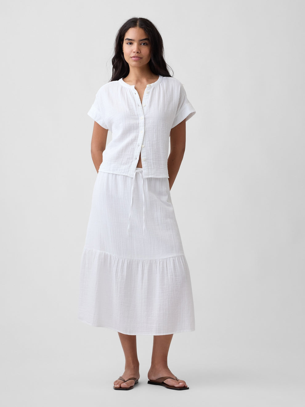 Pull-On Gauze Midi Skirt - Fresh white