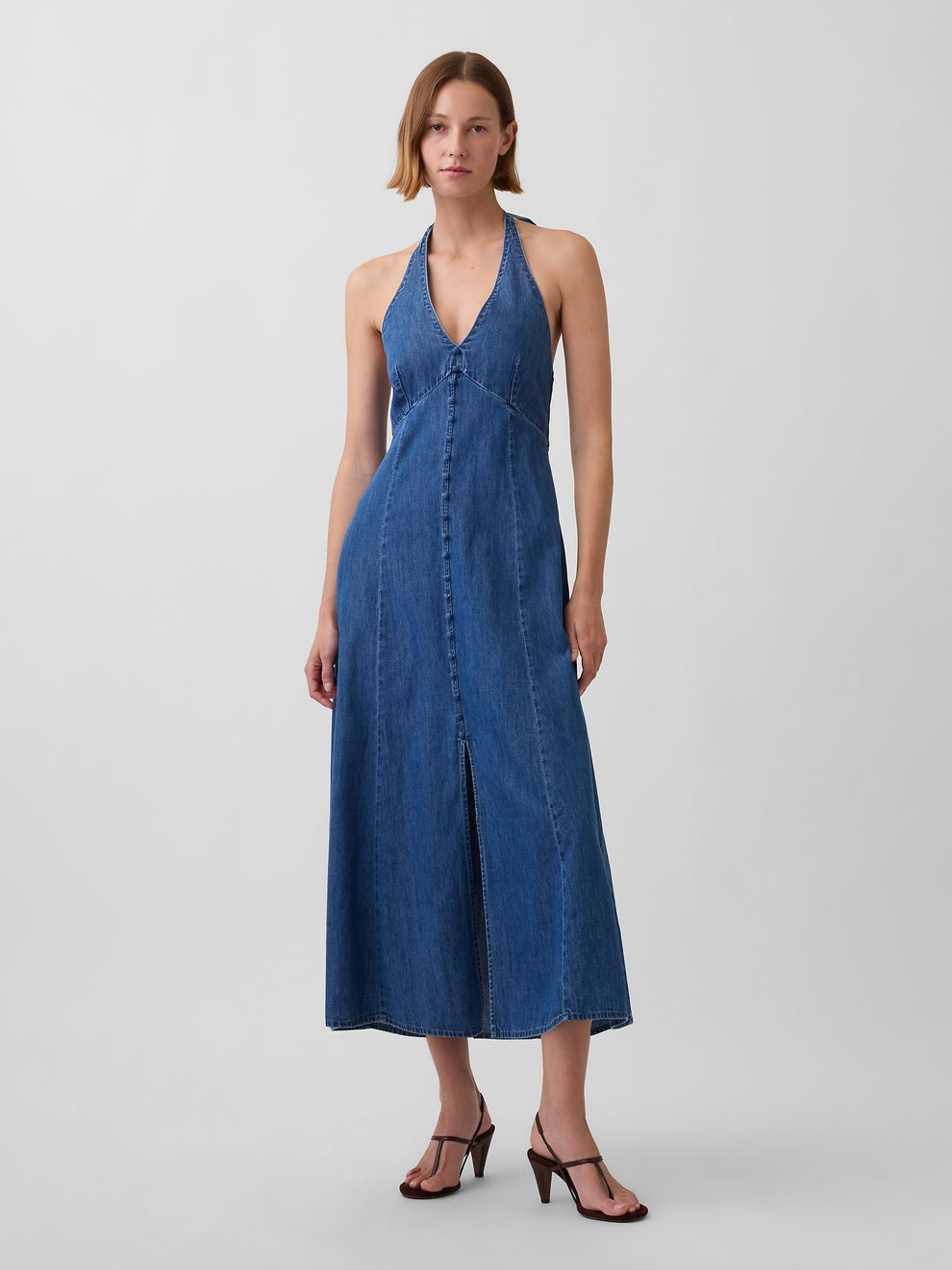 Denim Seamed Halter Maxi Dress - Medium wash