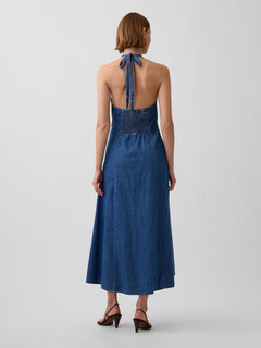 Denim Seamed Halter Maxi Dress - Medium wash