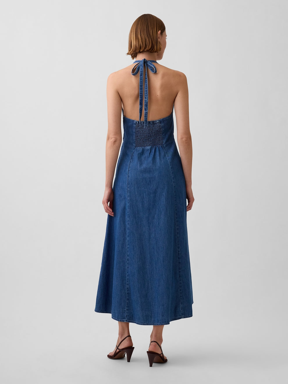 Denim Seamed Halter Maxi Dress - Medium wash