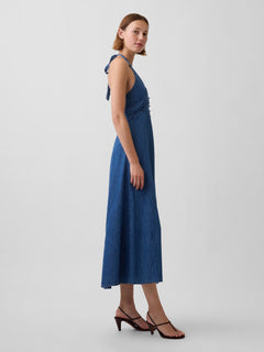 Denim Seamed Halter Maxi Dress - Medium wash