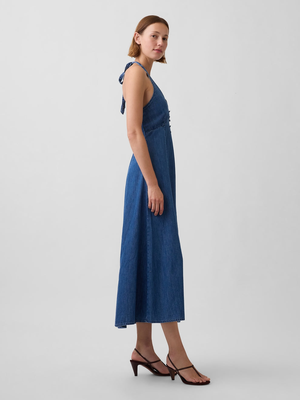 Denim Seamed Halter Maxi Dress - Medium wash