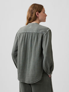 Cotton Gauze Oversized Collarless Shirt - Mesculen green