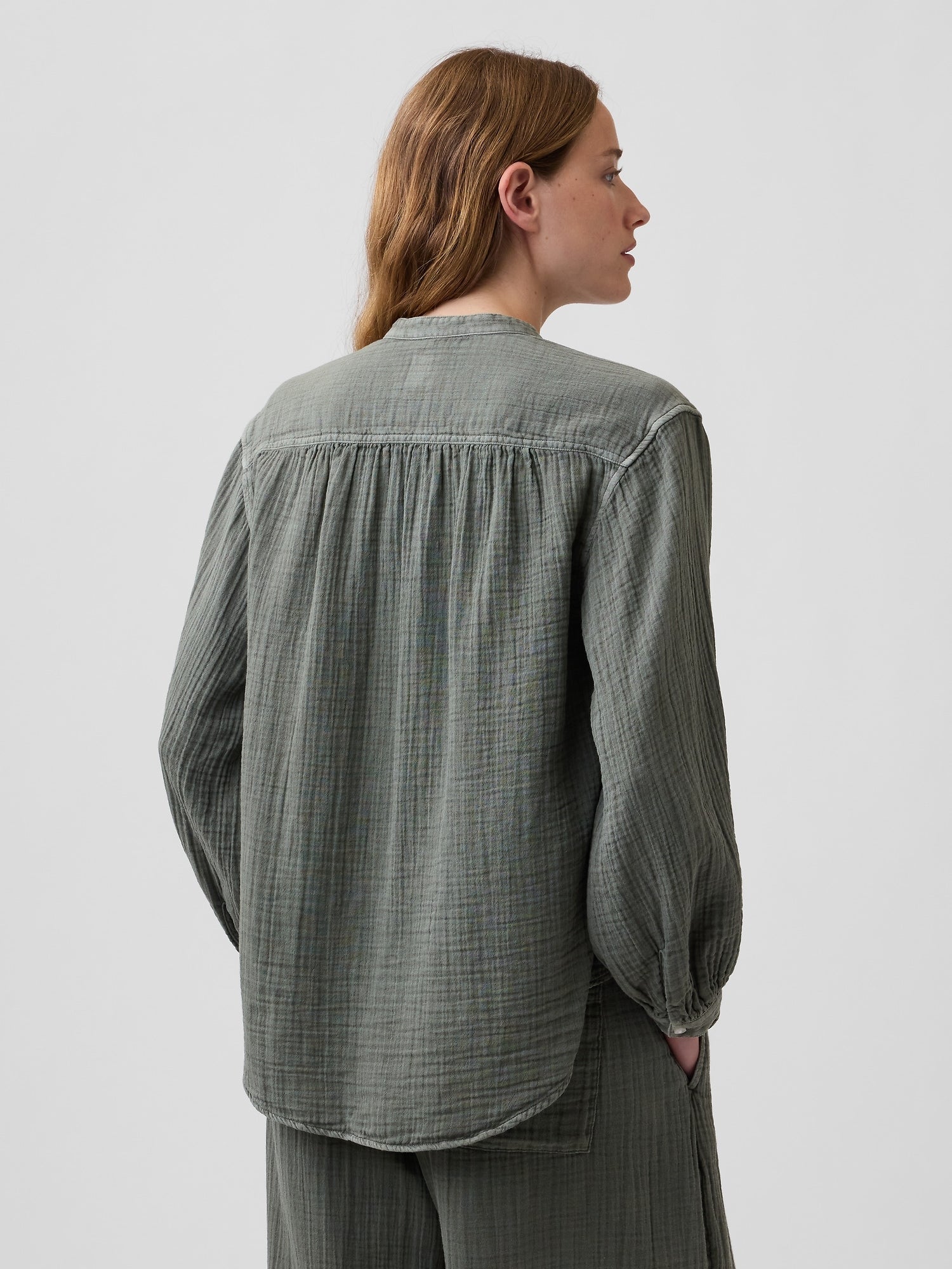 Cotton Gauze Oversized Collarless Shirt - Mesculen green
