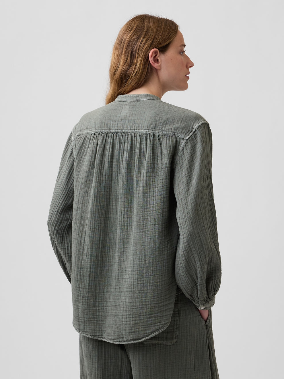 Cotton Gauze Oversized Collarless Shirt - Mesculen green