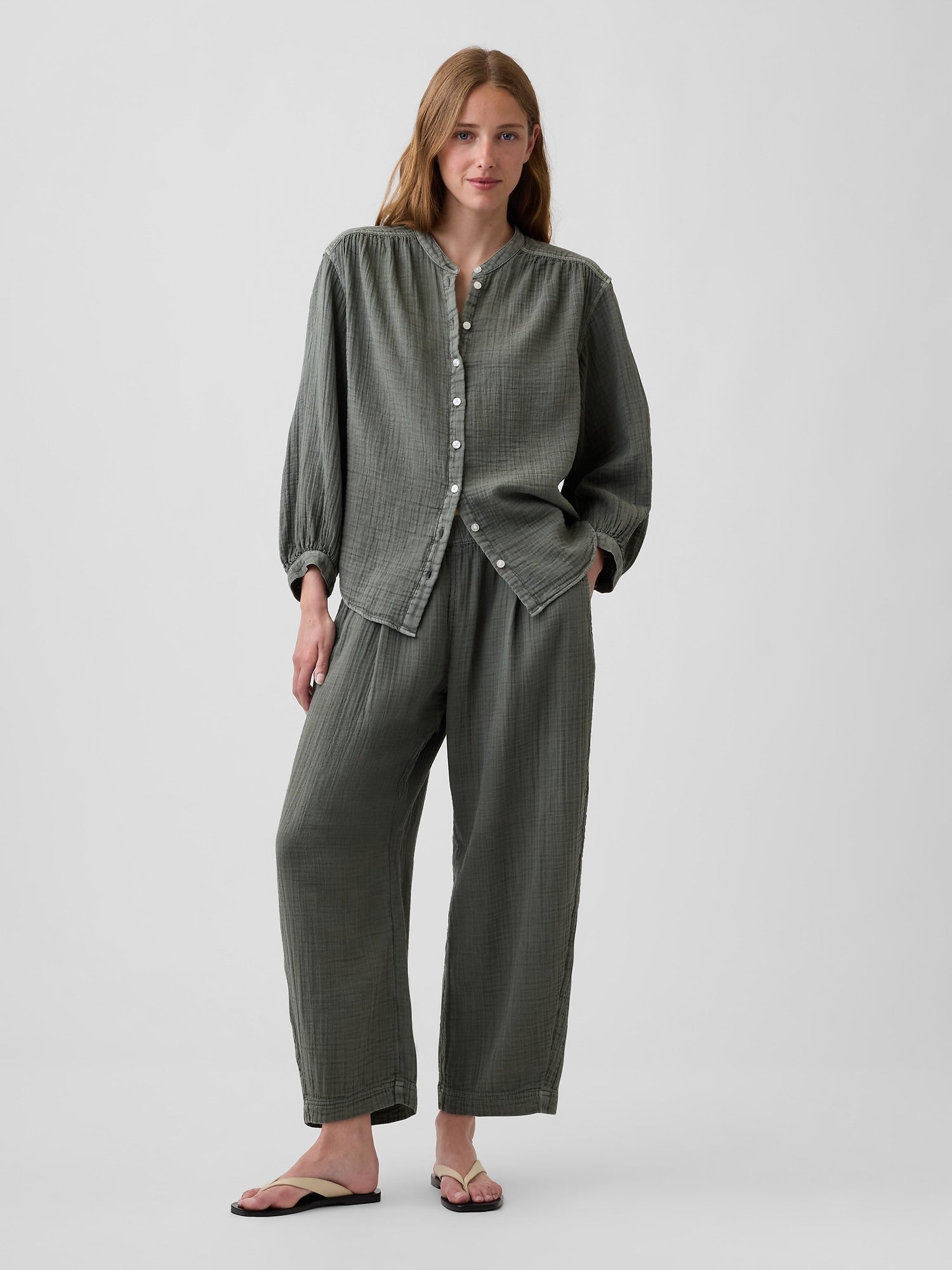 Cotton Gauze Oversized Collarless Shirt - Mesculen green