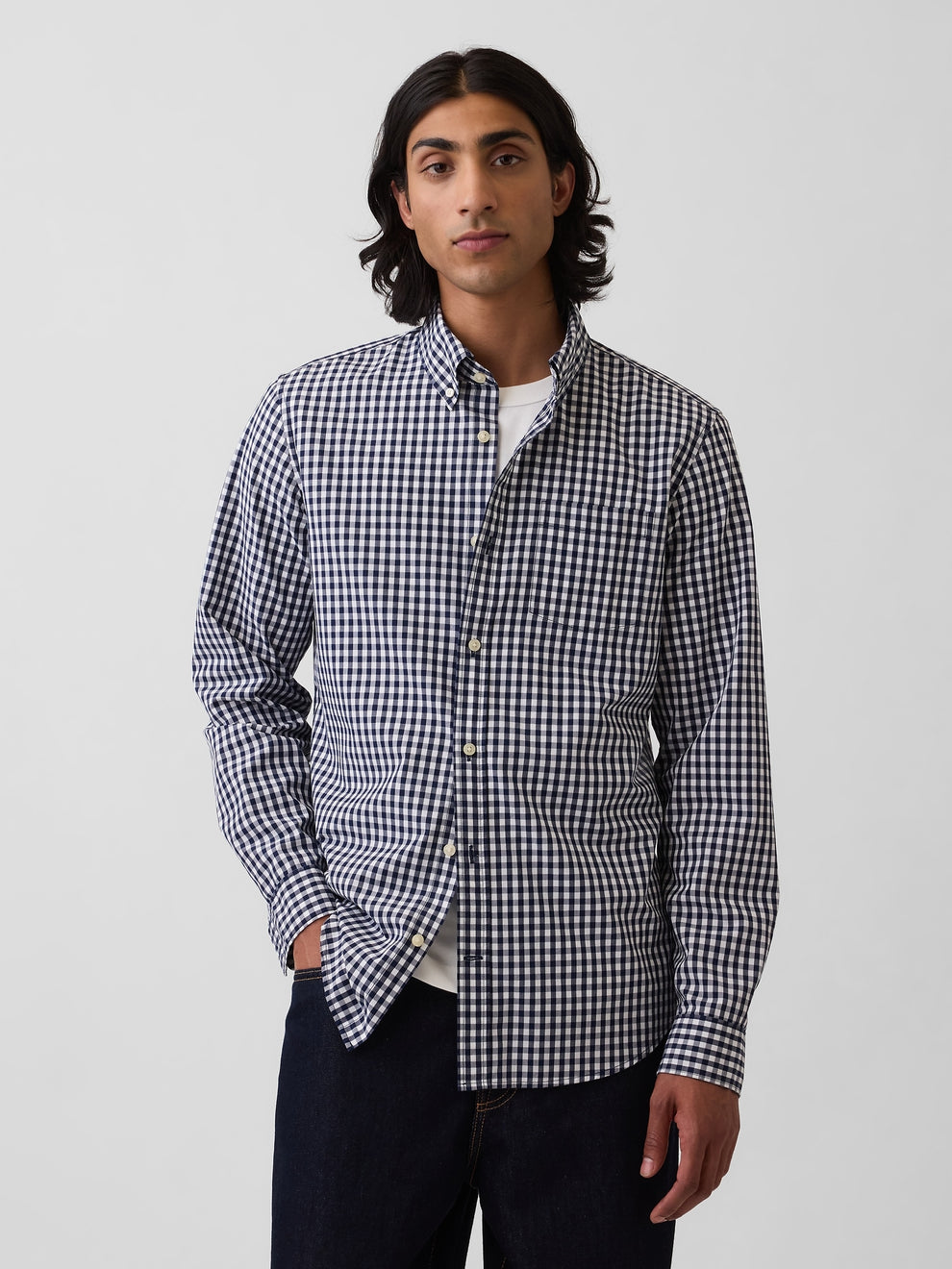 Organic Cotton Poplin Classic Shirt - Navy gingham