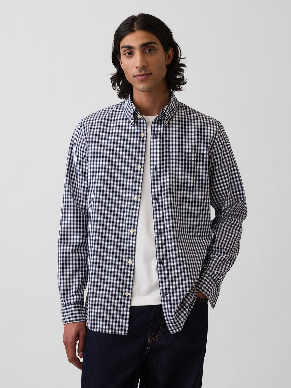 Organic Cotton Poplin Classic Shirt - Navy gingham