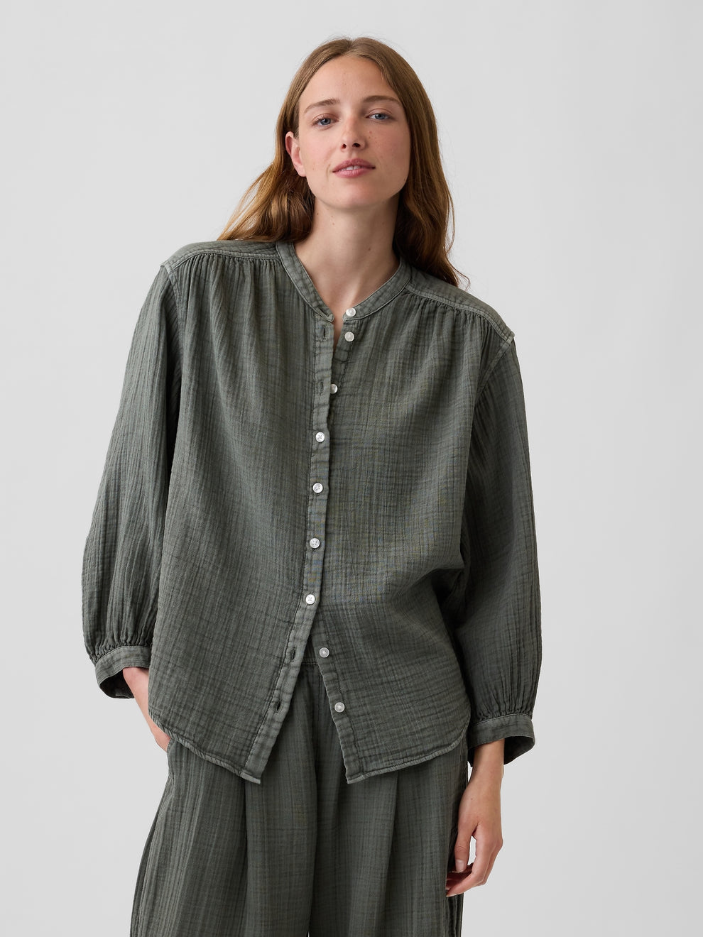Cotton Gauze Oversized Collarless Shirt - Mesculen green