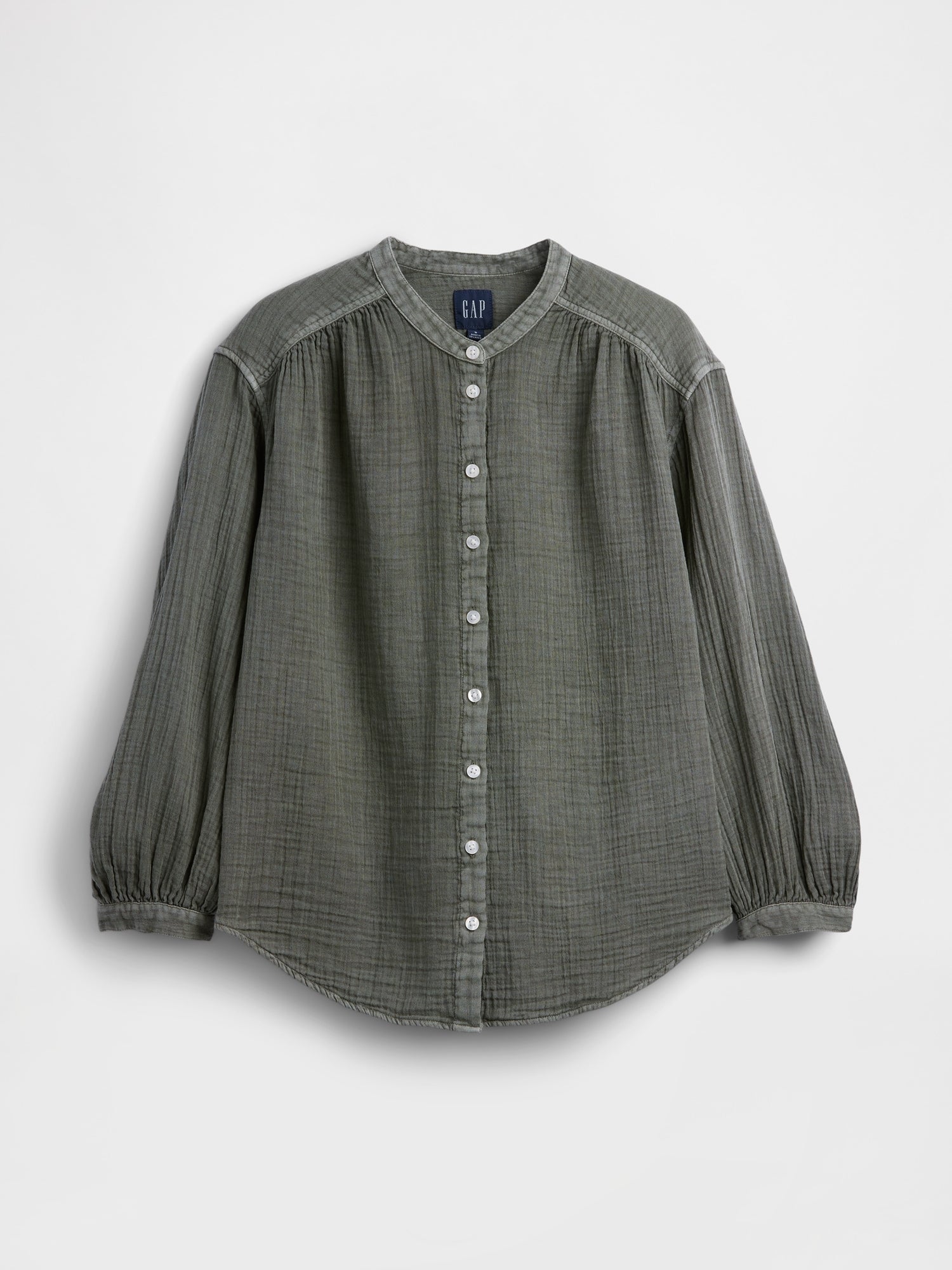 Cotton Gauze Oversized Collarless Shirt - Mesculen green