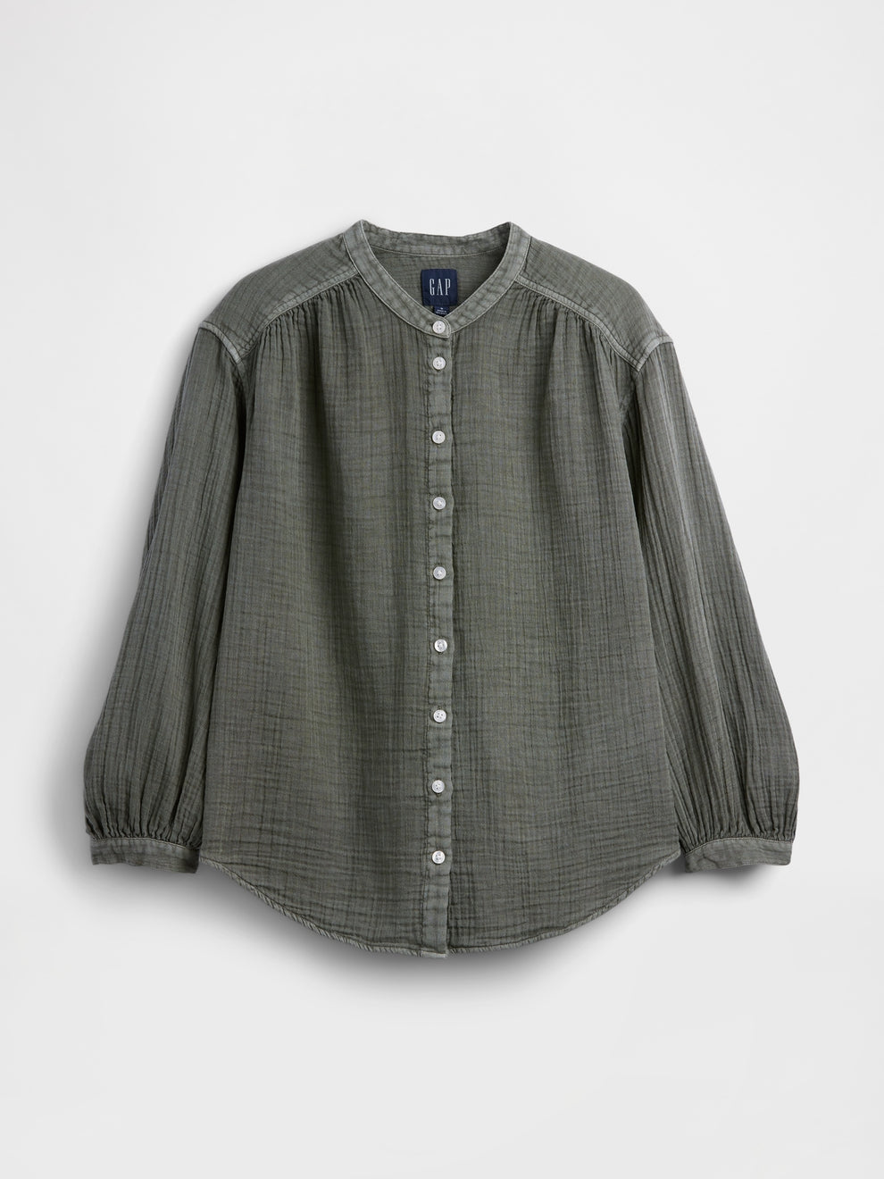 Cotton Gauze Oversized Collarless Shirt - Mesculen green