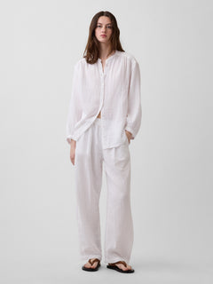 Cotton Gauze Oversized Collarless Shirt - Fresh white