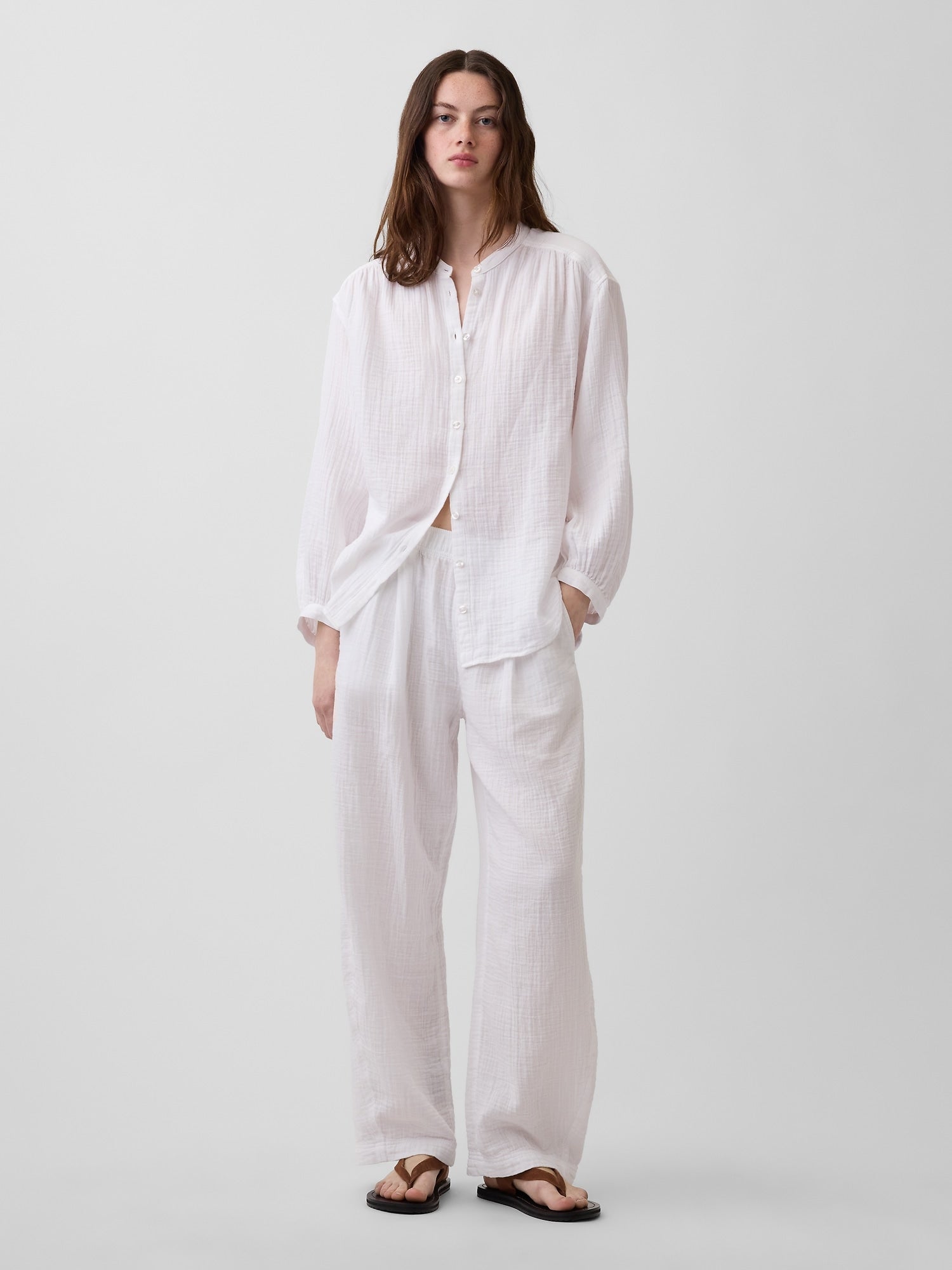 Cotton Gauze Oversized Collarless Shirt - Fresh white