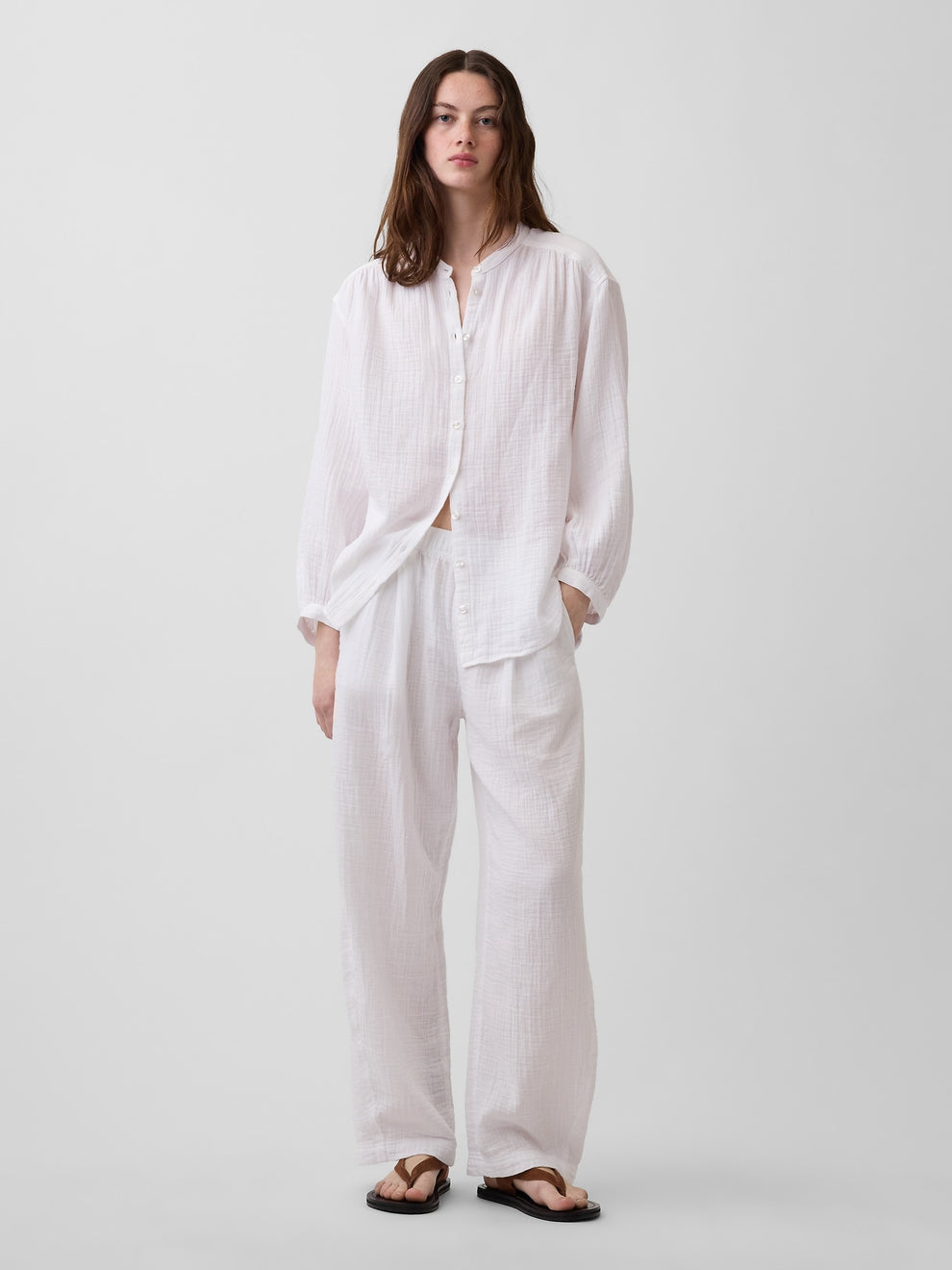 Cotton Gauze Oversized Collarless Shirt - Fresh white