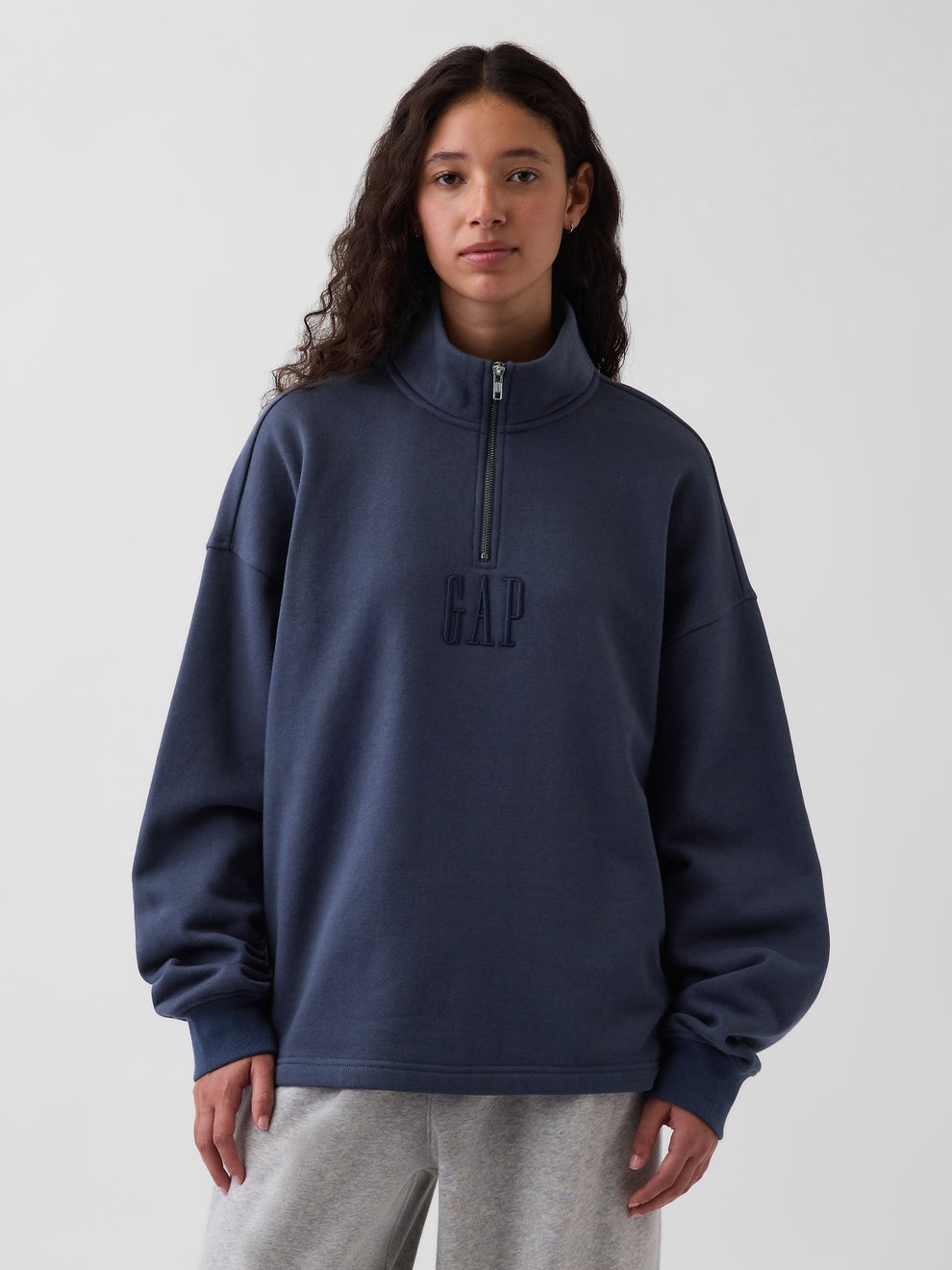 Heavyweight Oversized Logo Quarter-Zip Pullover - Vintage navy blue