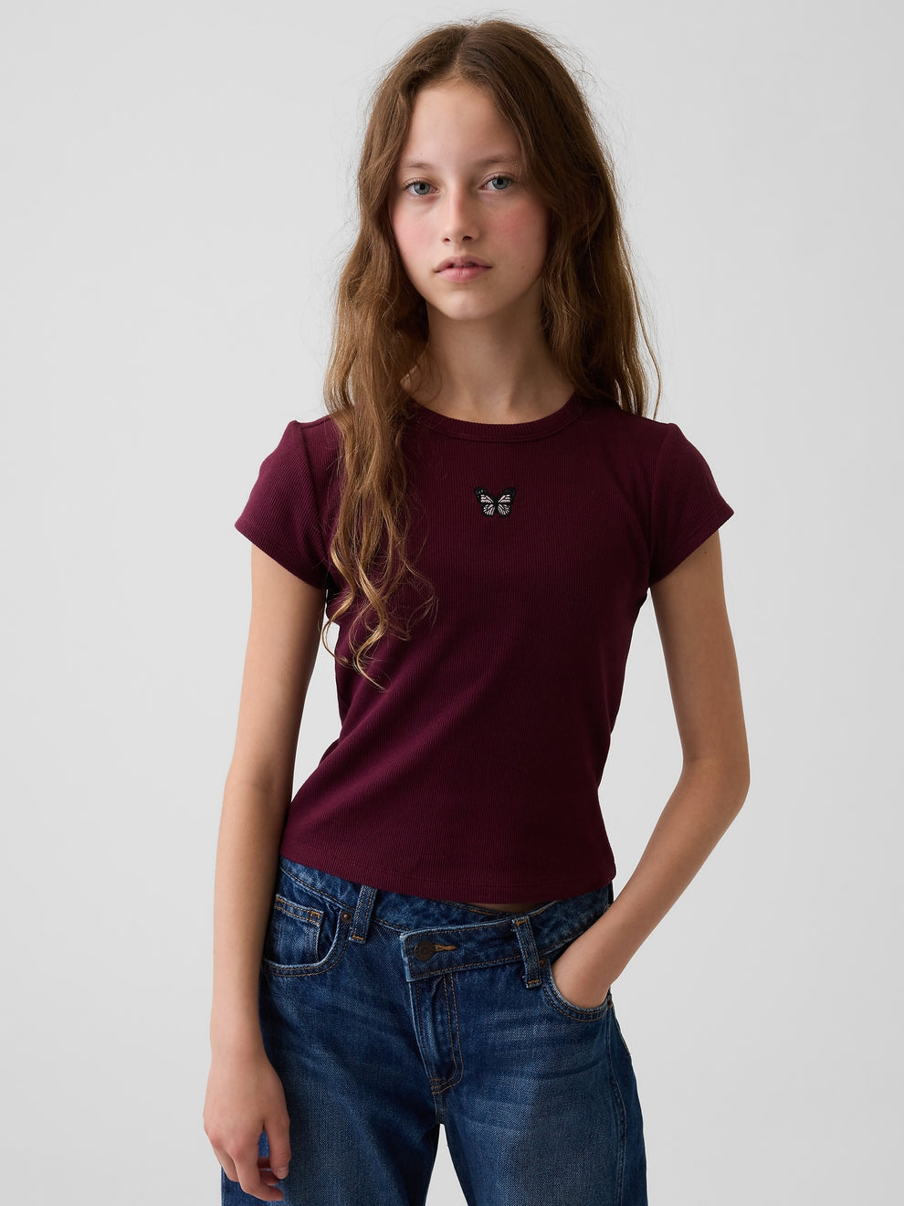 Gap Kids Rib T-Shirt in Tuscan red, front view on a child model