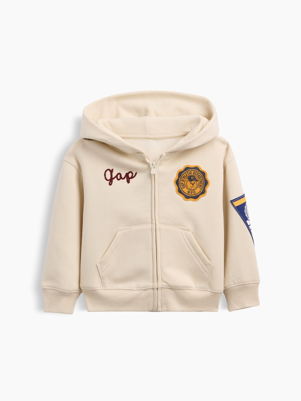 Gap Baby & Toddler VintageSoft Varsity Logo Zip Hoodie in chino, product-only front view
