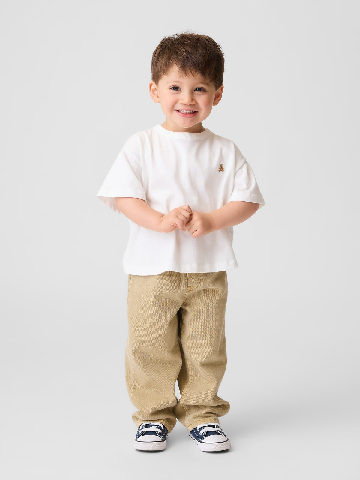 Gap Baby & Toddler Pull-On Baggy Jeans in Iconic khaki, full-length view on a child model
