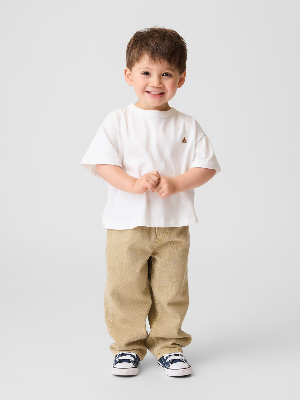Gap Baby & Toddler Pull-On Baggy Jeans in Iconic khaki, full-length view on a child model