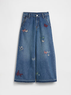 Gap Kids Low Rise Embroidered Baggy Jeans in Medium wash embroidery, product-only front view