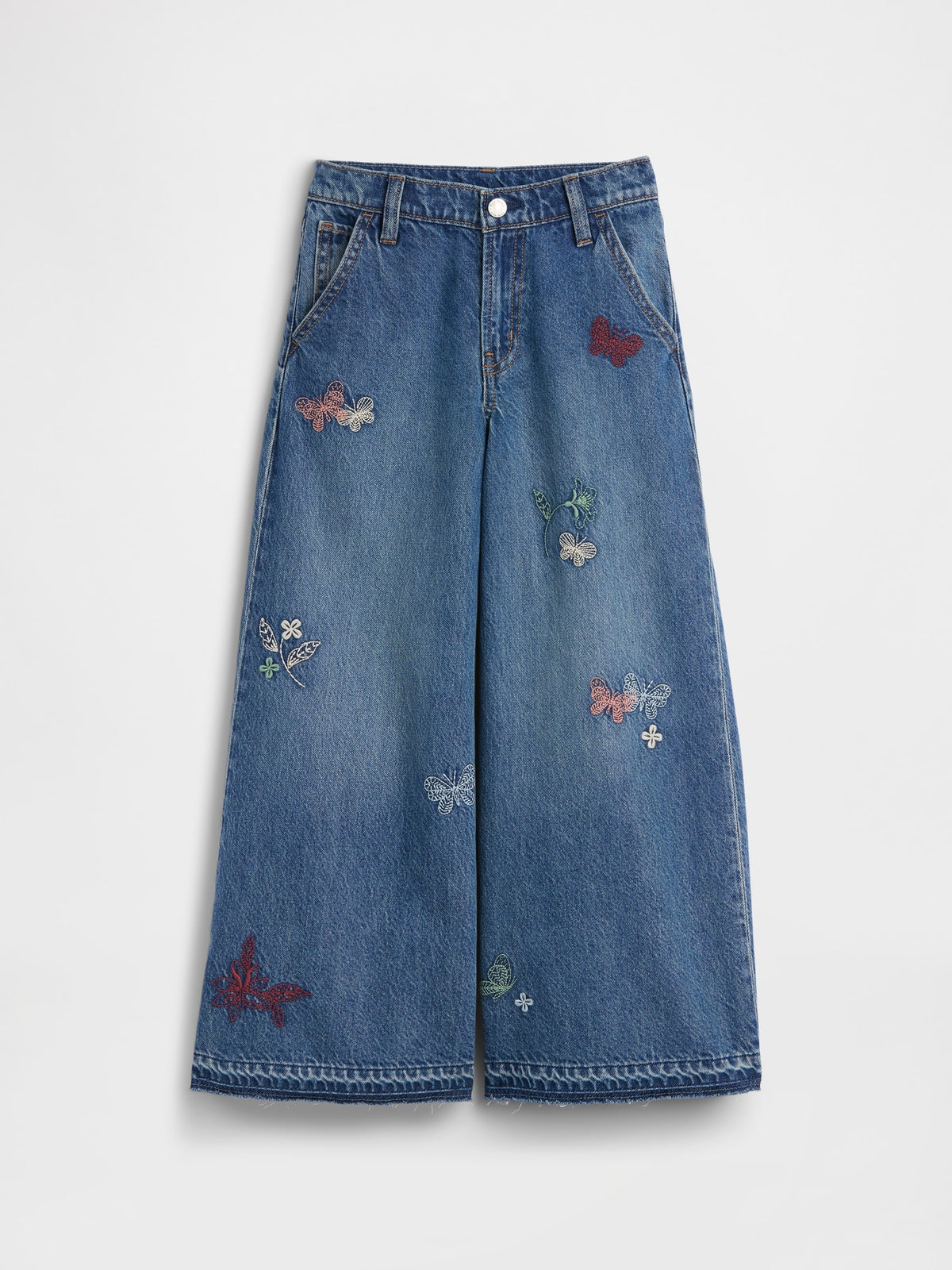 Gap Kids Low Rise Embroidered Baggy Jeans in Medium wash embroidery, product-only front view