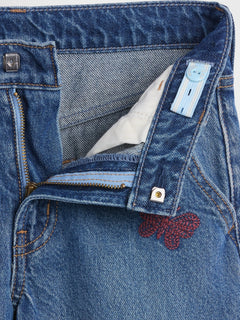 Gap Kids Low Rise Embroidered Baggy Jeans in Medium wash embroidery, button and zip detail