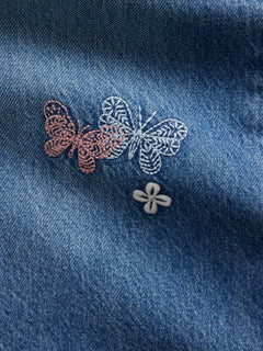 Gap Kids Low Rise Embroidered Baggy Jeans in Medium wash embroidery, butterfly and flower embroidery detail